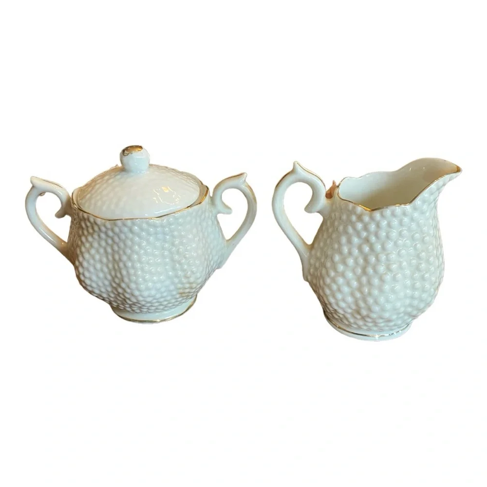 Vintage Japanese Porcelain Demi Creamer Sugar Set Hobnail 3D Pink Rose
